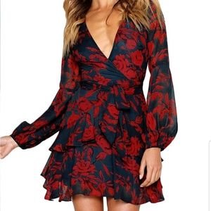 UGUEST blue red floral ruffle faux wrap tie belt v neck peplum skirt dress